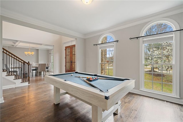 4402 Income Cir, Ellenwood, GA 30294 - rec room with a chandelier, plenty of natural light, wood finished floors, billiards table, and crown molding