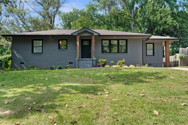 view of front of property featuring brick siding and crawl space