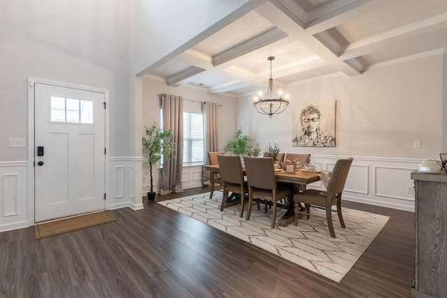 4824 Sultana Way SW, Atlanta, GA 30331 - dining area with a decorative wall, dark wood-style floors, beamed ceiling, and a chandelier