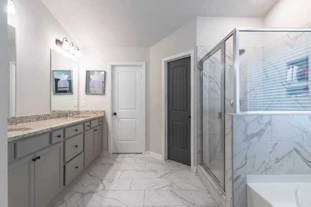 4824 Sultana Way SW, Atlanta, GA 30331 - full bath featuring marble finish floor, a tub to relax in, double vanity, and a shower stall