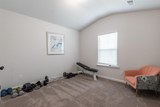 4824 Sultana Way SW, Atlanta, GA 30331 - workout area with baseboards, vaulted ceiling, visible vents, and carpet floors