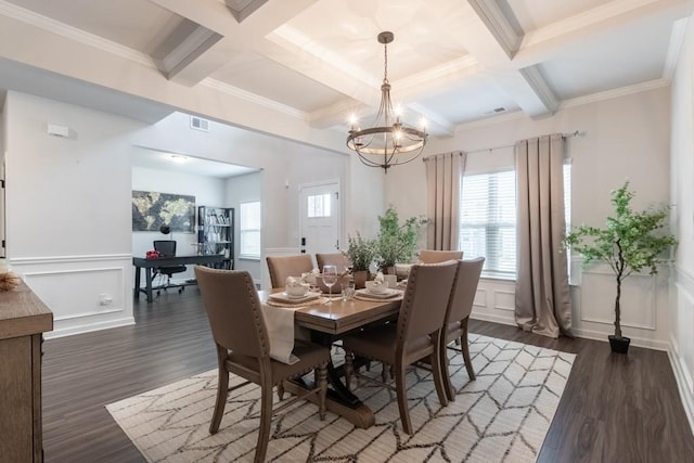 4824 Sultana Way SW, Atlanta, GA 30331 - dining space with coffered ceiling, dark wood-style floors, a notable chandelier, and beam ceiling