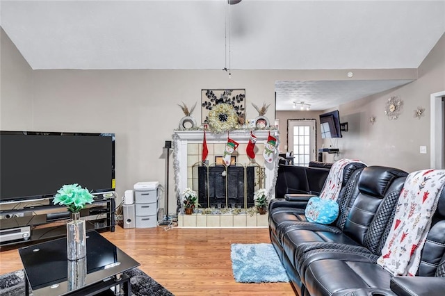 living room featuring hardwood / wood-style flooring and a tiled fireplace