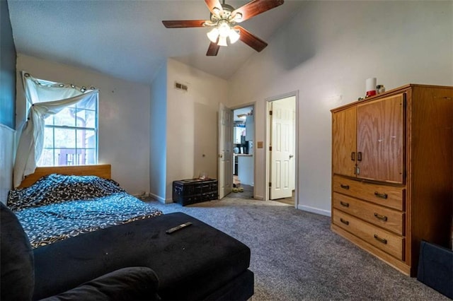 bedroom featuring baseboards, visible vents, high vaulted ceiling, ceiling fan, and carpet flooring