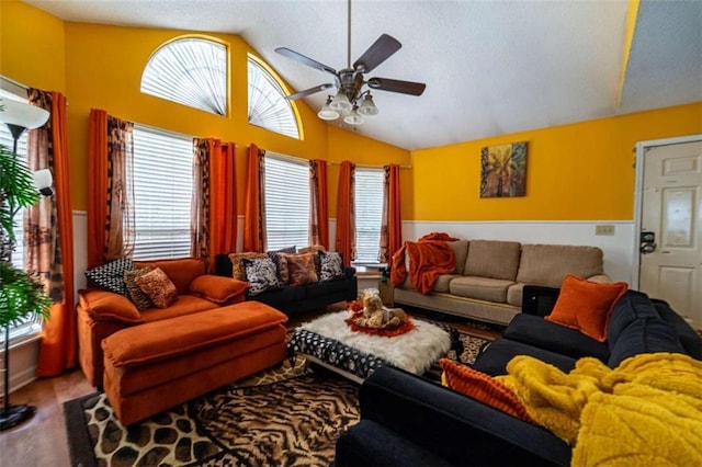 living room with vaulted ceiling, plenty of natural light, a ceiling fan, and a textured ceiling