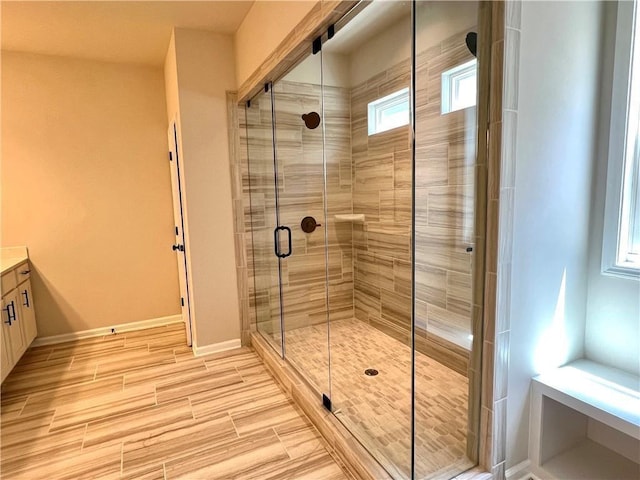 bathroom featuring vanity and a shower with door