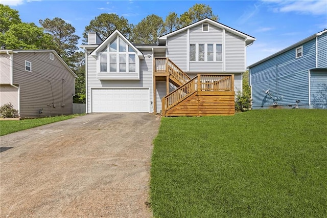4811 Nevilly Way, Marietta, GA 30066 - view of front facade with a front yard, stairway, a garage, a chimney, and concrete driveway