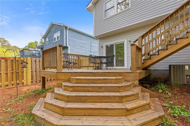 4811 Nevilly Way, Marietta, GA 30066 - deck featuring central air condition unit, stairs, and fence