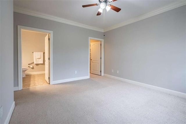 2304 Village Blvd, Rome, GA 30161 - unfurnished bedroom featuring ornamental molding, light carpet, baseboards, connected bathroom, and ceiling fan