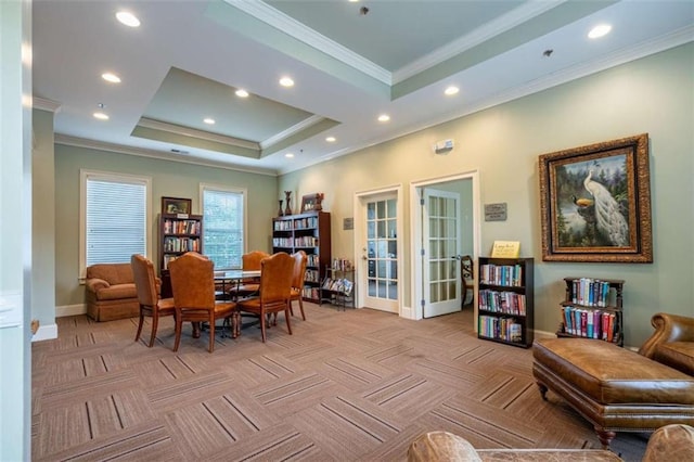 2304 Village Blvd, Rome, GA 30161 - dining area featuring light carpet, ornamental molding, a tray ceiling, baseboards, and recessed lighting