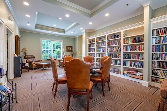 2304 Village Blvd, Rome, GA 30161 - living area featuring carpet flooring, wall of books, a tray ceiling, ornamental molding, and recessed lighting