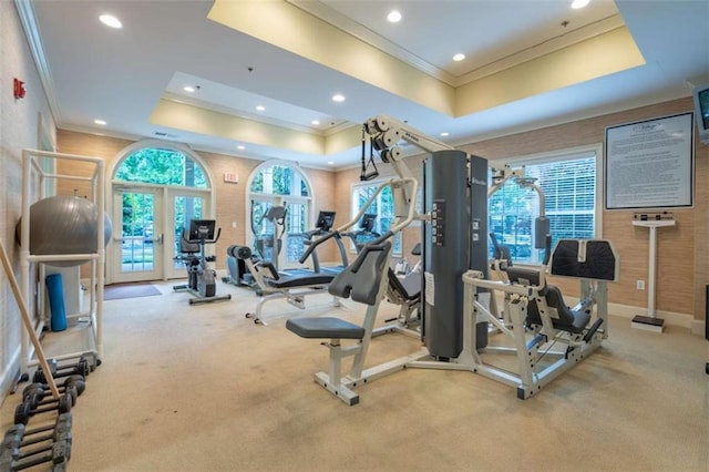 2304 Village Blvd, Rome, GA 30161 - workout area with ornamental molding, a tray ceiling, recessed lighting, and carpet flooring