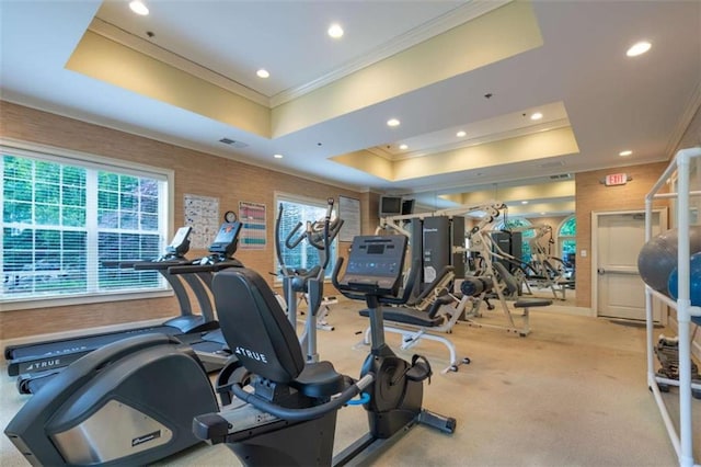 2304 Village Blvd, Rome, GA 30161 - workout area with ornamental molding, a tray ceiling, plenty of natural light, recessed lighting, and carpet flooring
