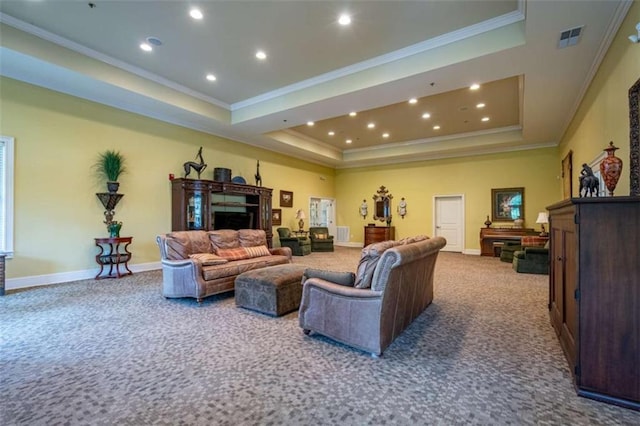 2304 Village Blvd, Rome, GA 30161 - living area with carpet, a raised ceiling, ornamental molding, recessed lighting, and baseboards