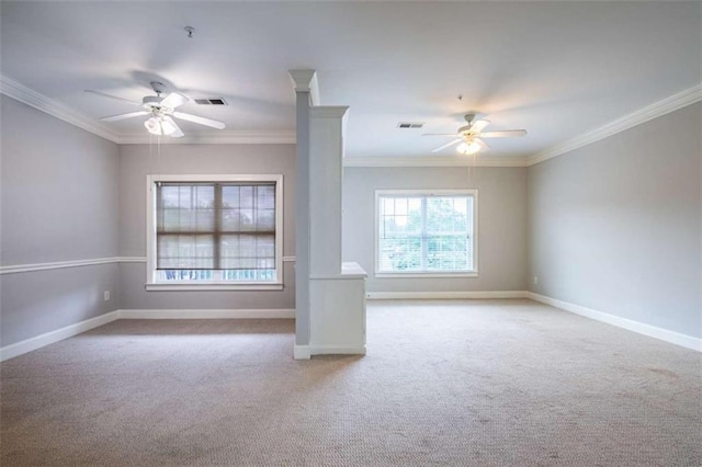 2304 Village Blvd, Rome, GA 30161 - unfurnished living room featuring a ceiling fan, carpet, ornamental molding, baseboards, and decorative columns