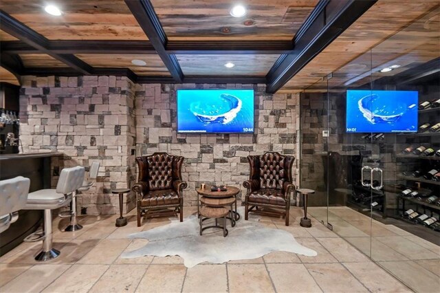 wine cellar featuring wooden ceiling, beam ceiling, indoor bar, and tile patterned flooring