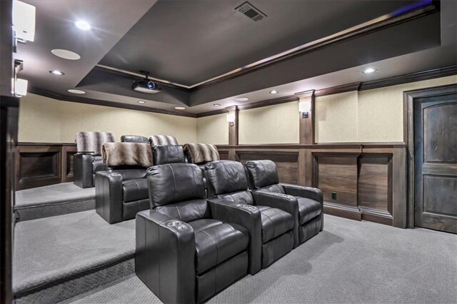 carpeted home theater room with a tray ceiling