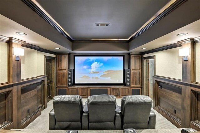 carpeted cinema with a raised ceiling and ornamental molding