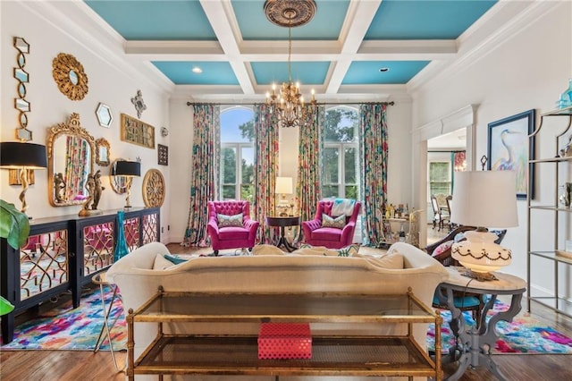 3215 Kylee Dawn Cir, Lawrenceville, GA 30045 - living area with an inviting chandelier, beam ceiling, wood finished floors, and plenty of natural light