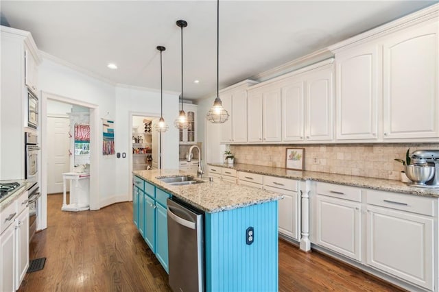 3215 Kylee Dawn Cir, Lawrenceville, GA 30045 - kitchen featuring white cabinets, a sink, stainless steel appliances, blue cabinetry, and dark wood-type flooring