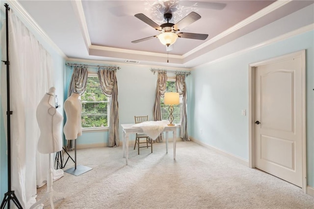 3215 Kylee Dawn Cir, Lawrenceville, GA 30045 - carpeted office featuring a tray ceiling, a ceiling fan, visible vents, baseboards, and ornamental molding