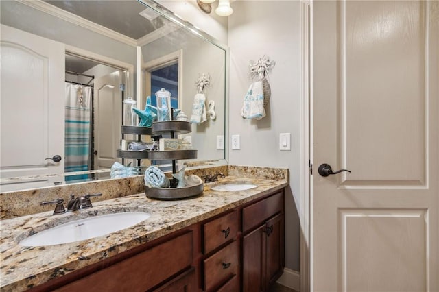 3215 Kylee Dawn Cir, Lawrenceville, GA 30045 - full bath featuring curtained shower, double vanity, a sink, and ornamental molding