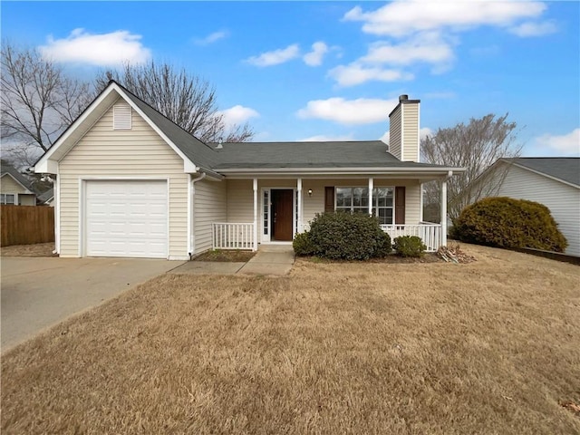 ranch-style home with a garage, concrete driveway, a chimney, covered porch, and a front lawn