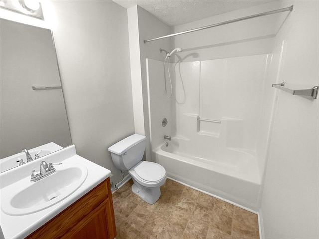 full bath featuring toilet, shower / tub combination, a textured ceiling, and vanity