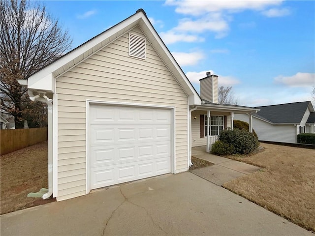 ranch-style home with driveway, a chimney, an attached garage, fence, and a porch