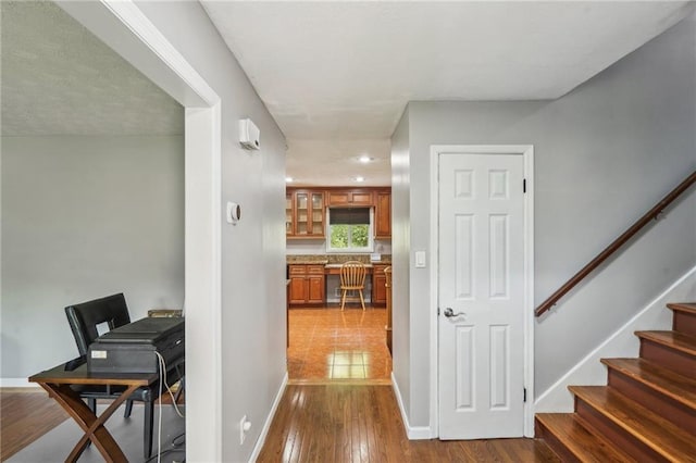 2201 Colonial Oak Way, Stone Mountain, GA 30087 - hall featuring an office area, baseboards, dark wood-style flooring, stairway, and recessed lighting
