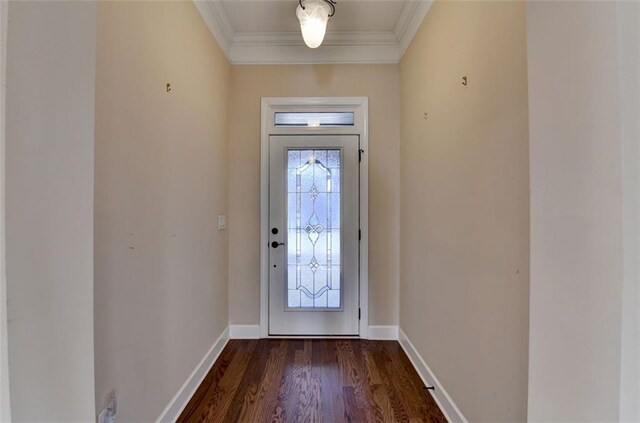 entryway featuring crown molding and dark hardwood / wood-style flooring