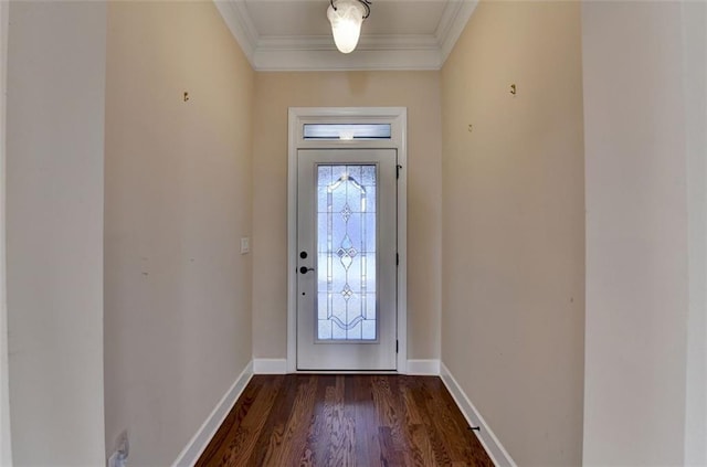 entryway featuring ornamental molding, baseboards, and dark wood-style floors