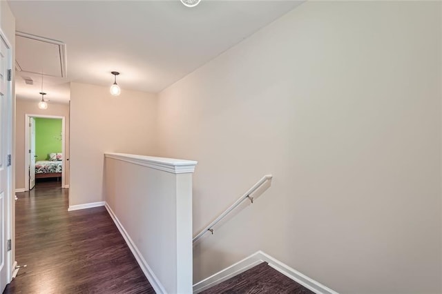 1963 Lakeshore Overlook Cir NW, Kennesaw, GA 30152 - hall featuring baseboards, an upstairs landing, attic access, and dark wood-type flooring