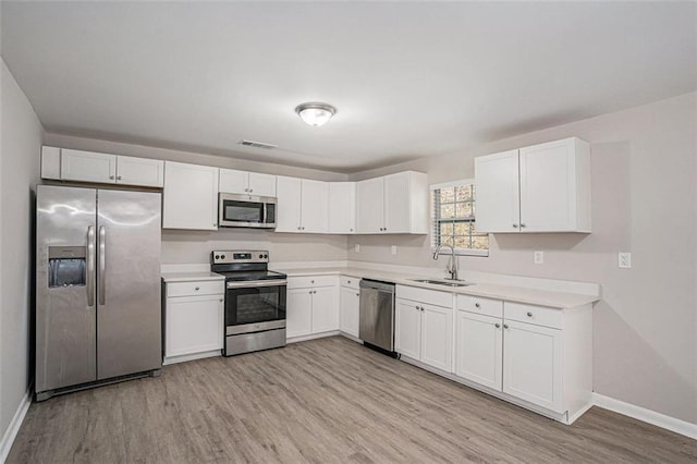 kitchen featuring light countertops, appliances with stainless steel finishes, a sink, and white cabinetry