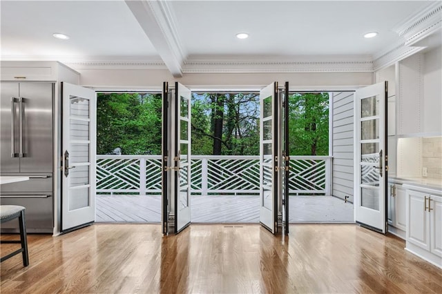 53 Paces W Dr NW, Atlanta, GA 30327 - entryway featuring french doors, ornamental molding, light wood-type flooring, and recessed lighting