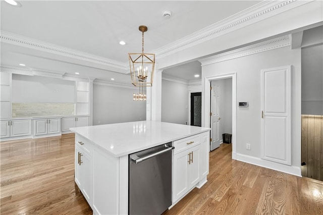 53 Paces W Dr NW, Atlanta, GA 30327 - kitchen with light wood-style floors, white cabinets, recessed lighting, a chandelier, and dishwasher