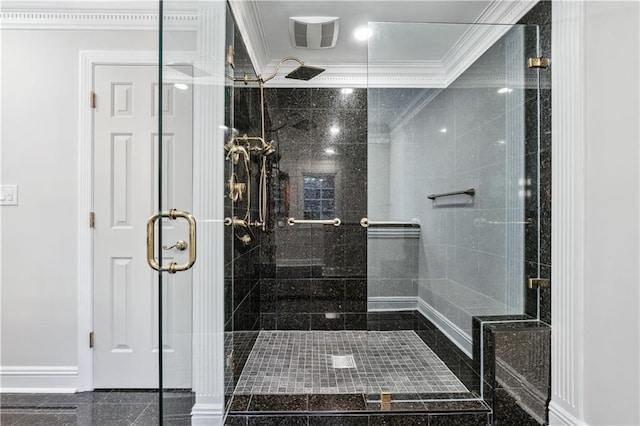 53 Paces W Dr NW, Atlanta, GA 30327 - full bath with baseboards, ornamental molding, a stall shower, granite finish floor, and visible vents