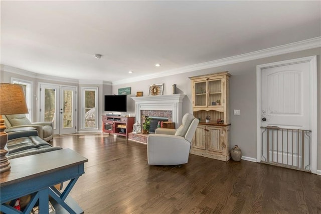 living room with crown molding, dark hardwood / wood-style floors, and a fireplace