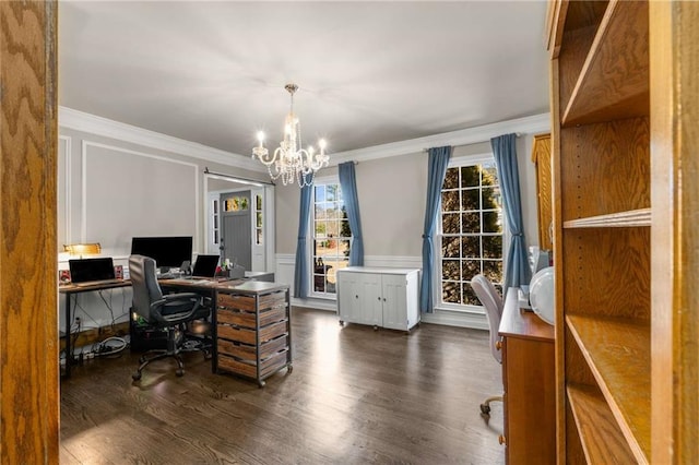 office space featuring ornamental molding, dark wood-type flooring, and a notable chandelier