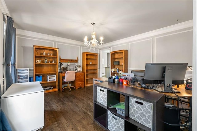 home office featuring crown molding, dark wood-type flooring, and a notable chandelier