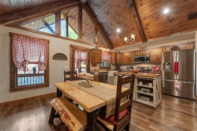 dining room featuring wood ceiling, dark hardwood / wood-style floors, high vaulted ceiling, a chandelier, and beamed ceiling