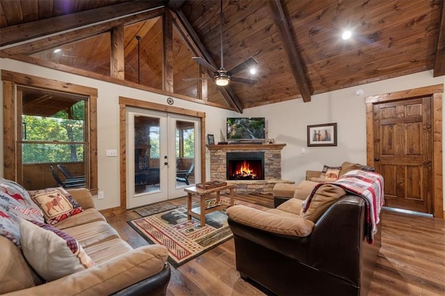 living room with a fireplace, wood-type flooring, beamed ceiling, and wood ceiling