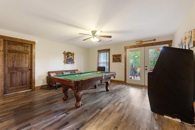 recreation room with ceiling fan, dark hardwood / wood-style floors, pool table, and french doors