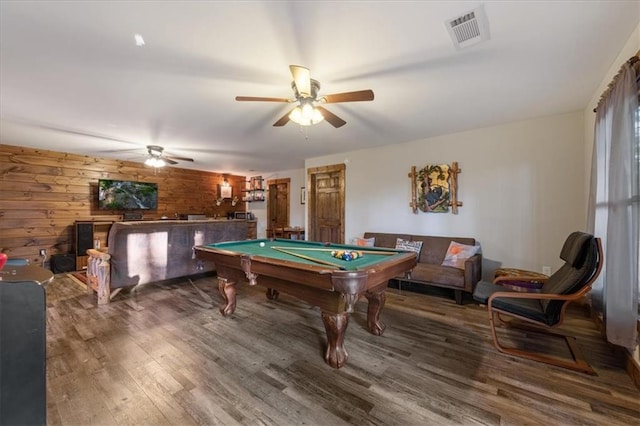 recreation room featuring hardwood / wood-style floors, pool table, wooden walls, and ceiling fan