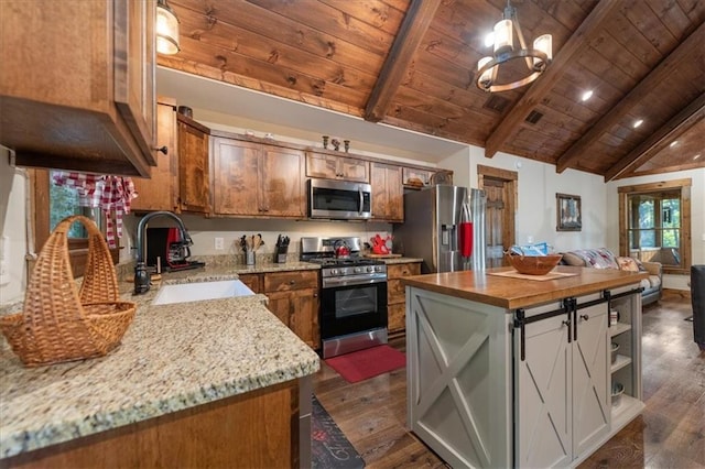 kitchen featuring stainless steel appliances, vaulted ceiling with beams, sink, dark hardwood / wood-style floors, and wooden ceiling