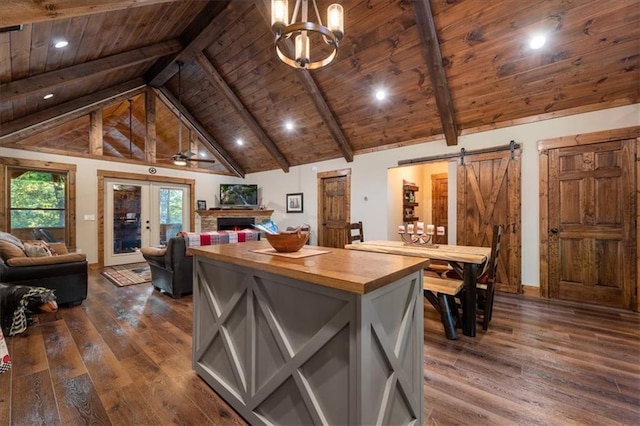 kitchen featuring wooden ceiling, dark hardwood / wood-style floors, butcher block counters, and a stone fireplace