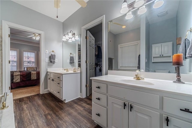 bathroom featuring ceiling fan, vanity, and hardwood / wood-style floors