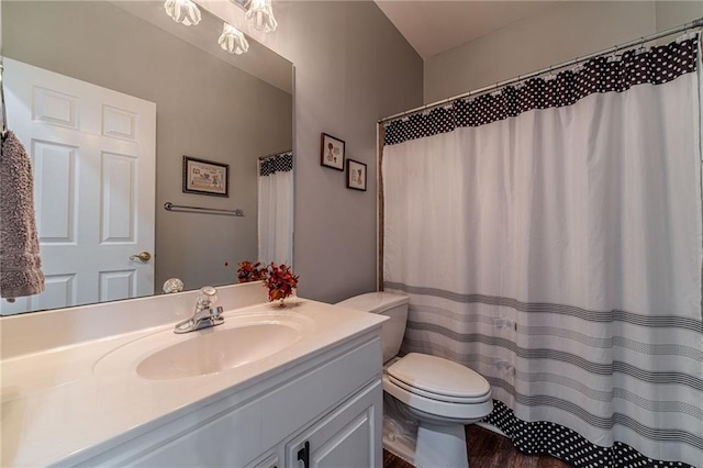 bathroom featuring vanity, toilet, and a shower with shower curtain