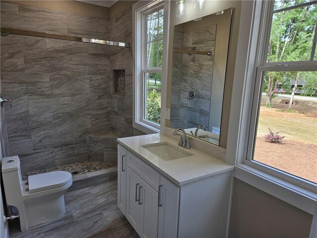 bathroom featuring toilet, vanity, and a shower stall