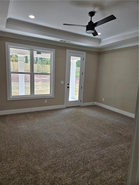 empty room featuring a raised ceiling, ceiling fan, baseboards, and carpet floors